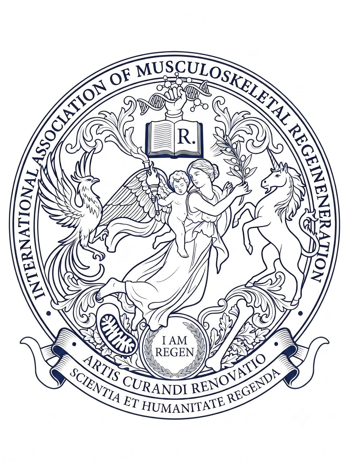 Official crest of the International Association of Musculoskeletal Regeneration (I AM Regen) — an angel carrying the next generation, flanked by a phoenix and a unicorn, beneath an open book, DNA and molecular science, standing on orthopaedics and mitochondria, with the Latin motto Artis Curandi Renovatio.